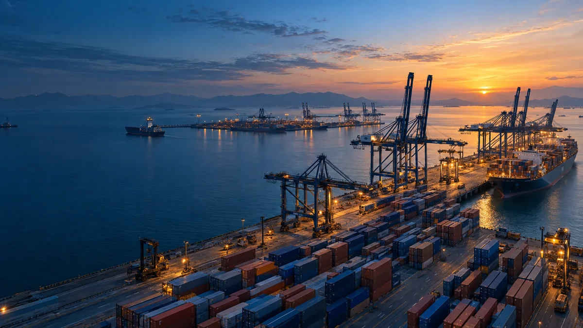 Vista panorámica de un puerto con buque de carga, grúas y contenedores al amanecer
